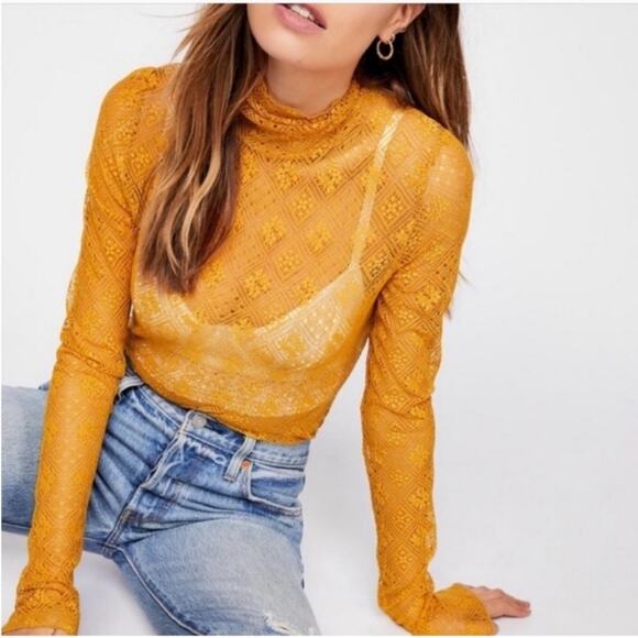 Intimately Free People Sweet Memories Yellow Lace Turtleneck Top Sheer Floral S - Picture 1 of 8